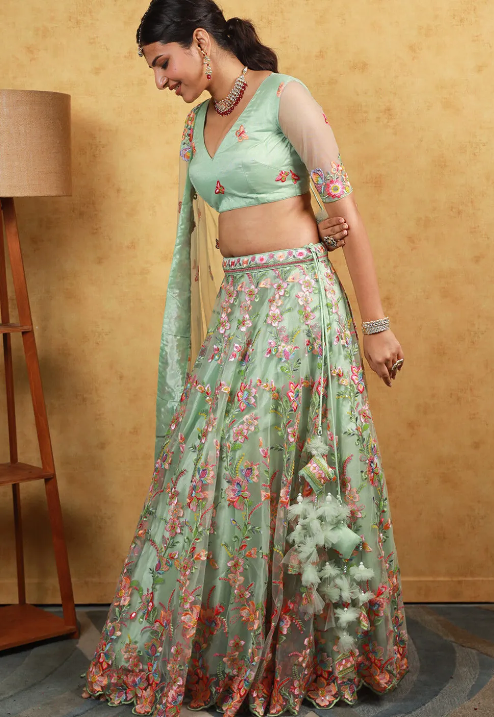 Embroidered Net Lehenga in Pastel Green