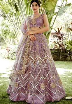 Embroidered Net Lehenga in Light Purple