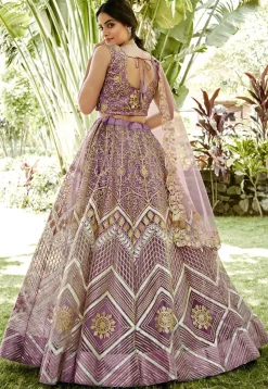 Embroidered Net Lehenga in Light Purple
