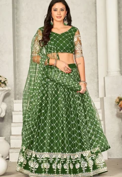 Embroidered Net Lehenga in Green