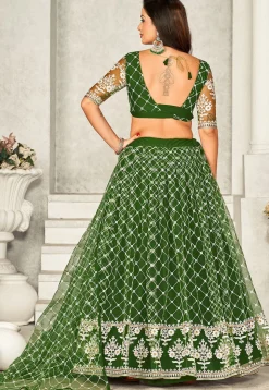 Embroidered Net Lehenga in Green