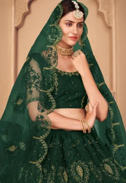 Embroidered Net Lehenga in Dark Green