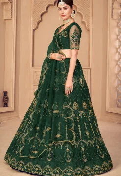 Embroidered Net Lehenga in Dark Green