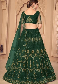 Embroidered Net Lehenga in Dark Green