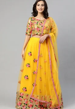 Embroidered Net Lehenga in Yellow