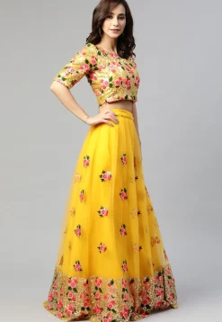 Embroidered Net Lehenga in Yellow