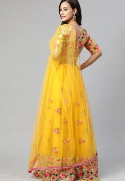 Embroidered Net Lehenga in Yellow