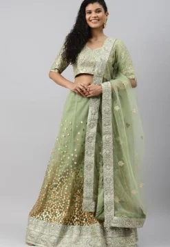 Embroidered Net Lehenga in Light Green