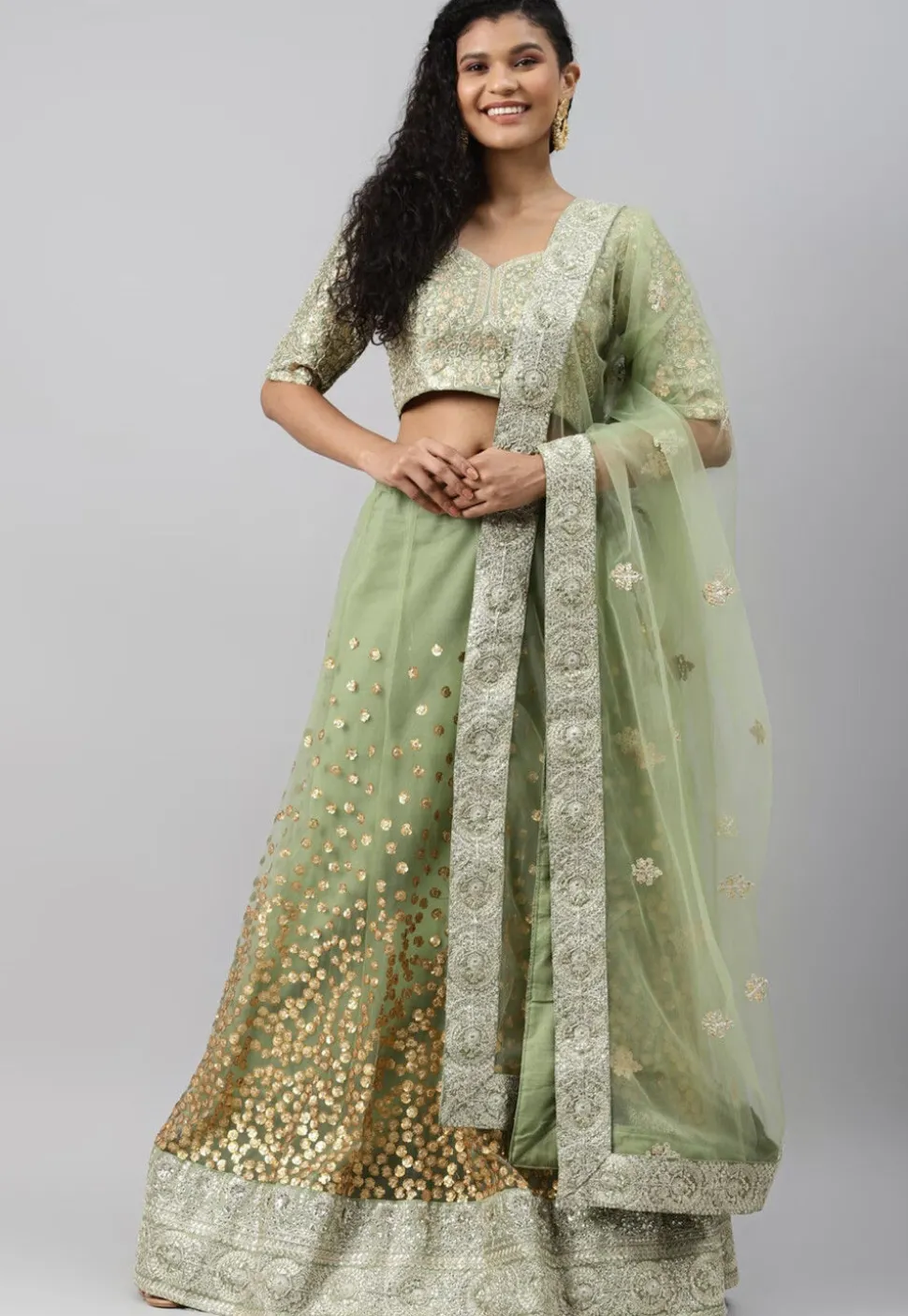 Embroidered Net Lehenga in Light Green