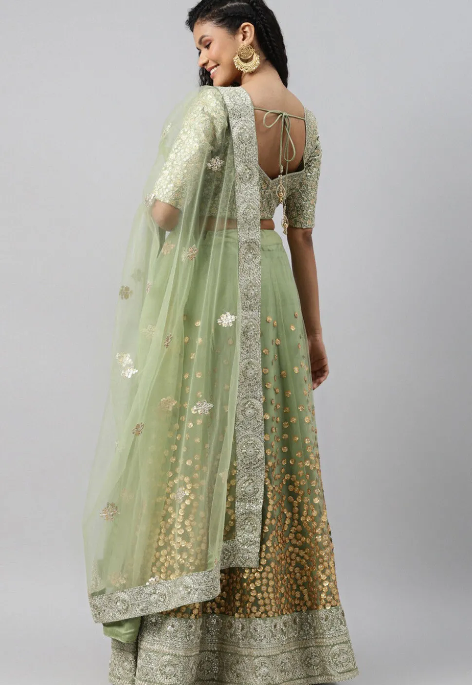 Embroidered Net Lehenga in Light Green