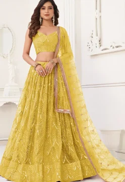 Embroidered Net Lehenga in Yellow