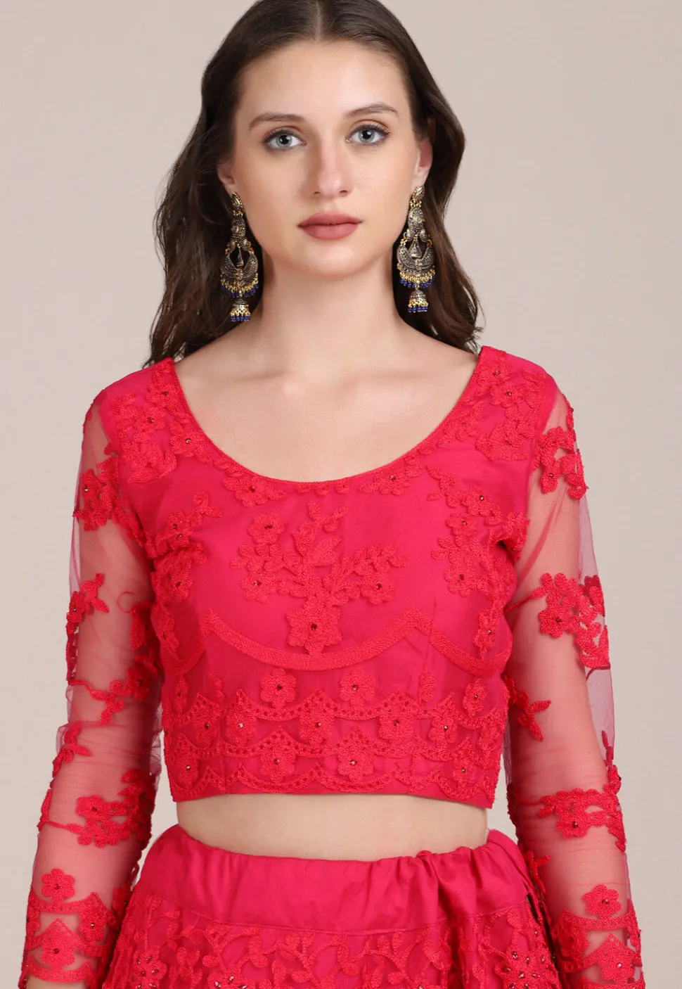 Embroidered Net Lehenga in Fuchsia