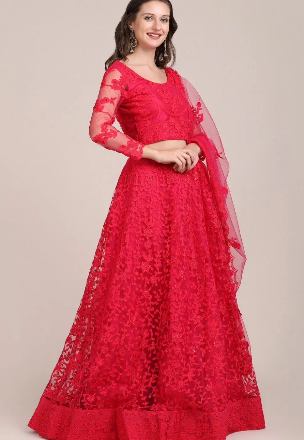 Embroidered Net Lehenga in Fuchsia