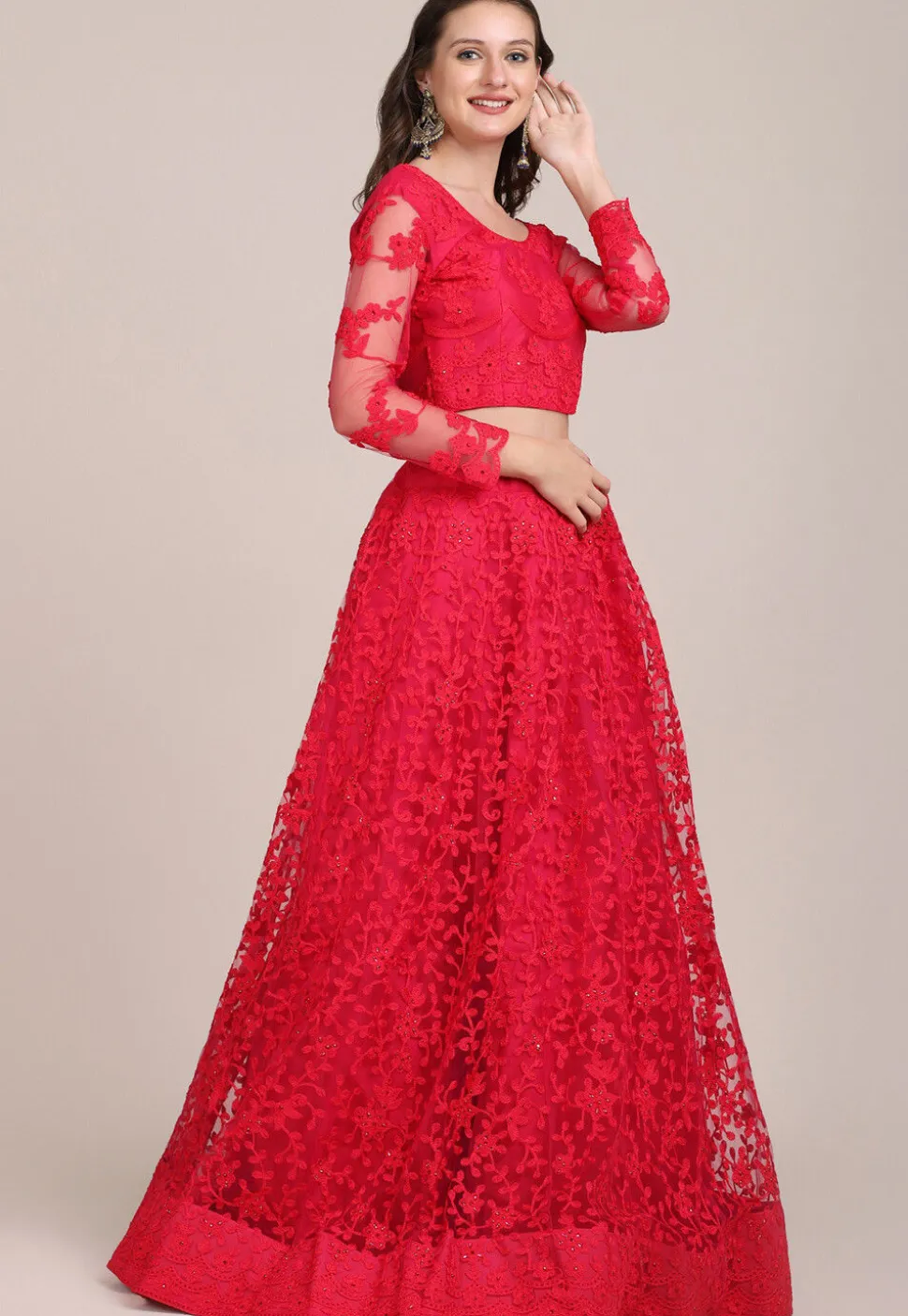 Embroidered Net Lehenga in Fuchsia