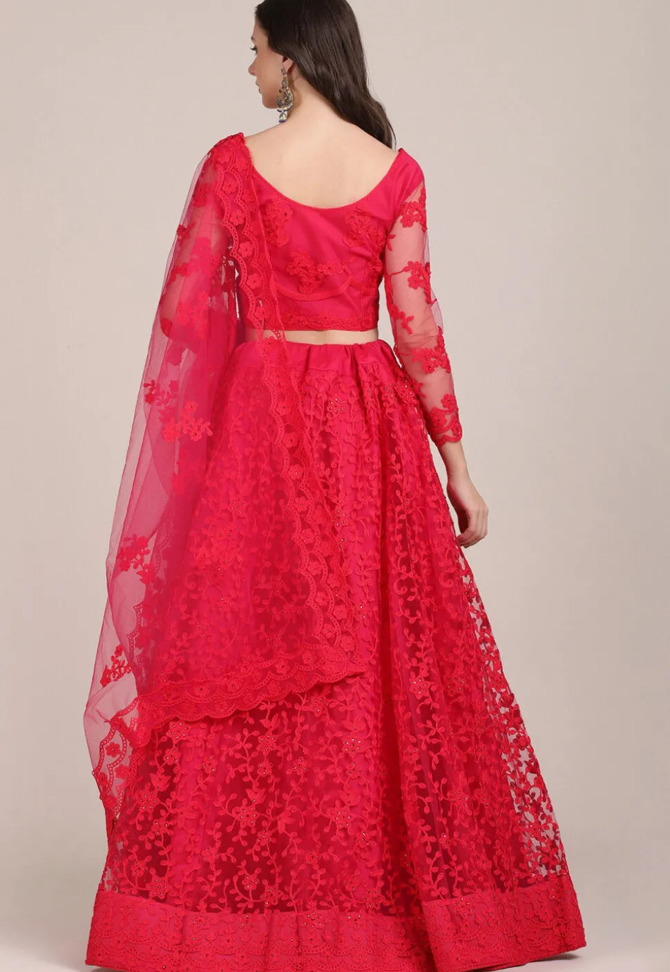 Embroidered Net Lehenga in Fuchsia