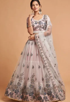 Embroidered Net Lehenga in Light Grey