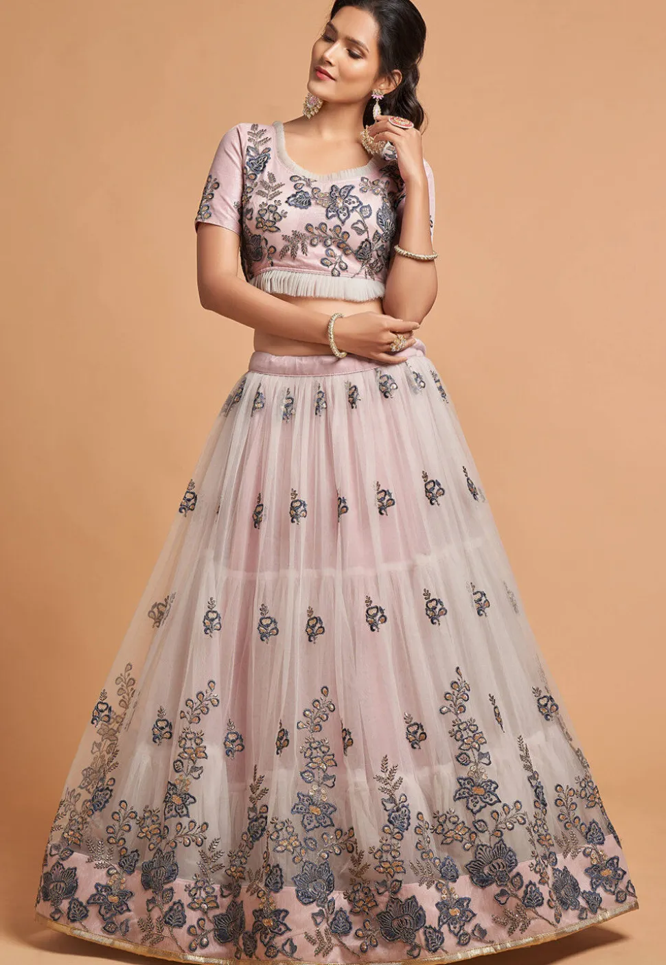 Embroidered Net Lehenga in Light Grey