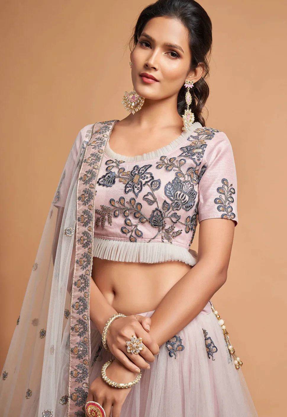 Embroidered Net Lehenga in Light Grey