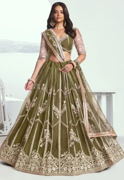Embroidered Net Lehenga in Olive Green