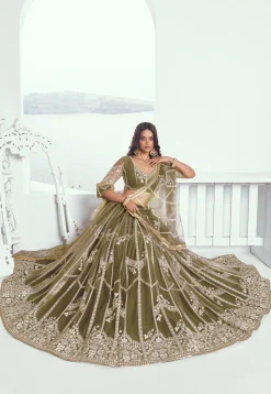 Embroidered Net Lehenga in Olive Green
