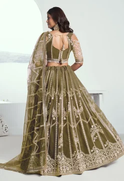 Embroidered Net Lehenga in Olive Green