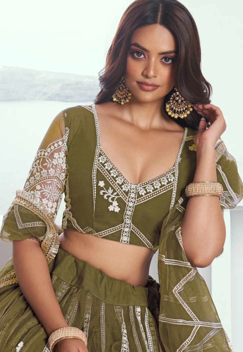 Embroidered Net Lehenga in Olive Green
