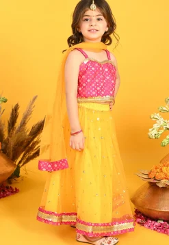 Embroidered Net Lehenga in Yellow