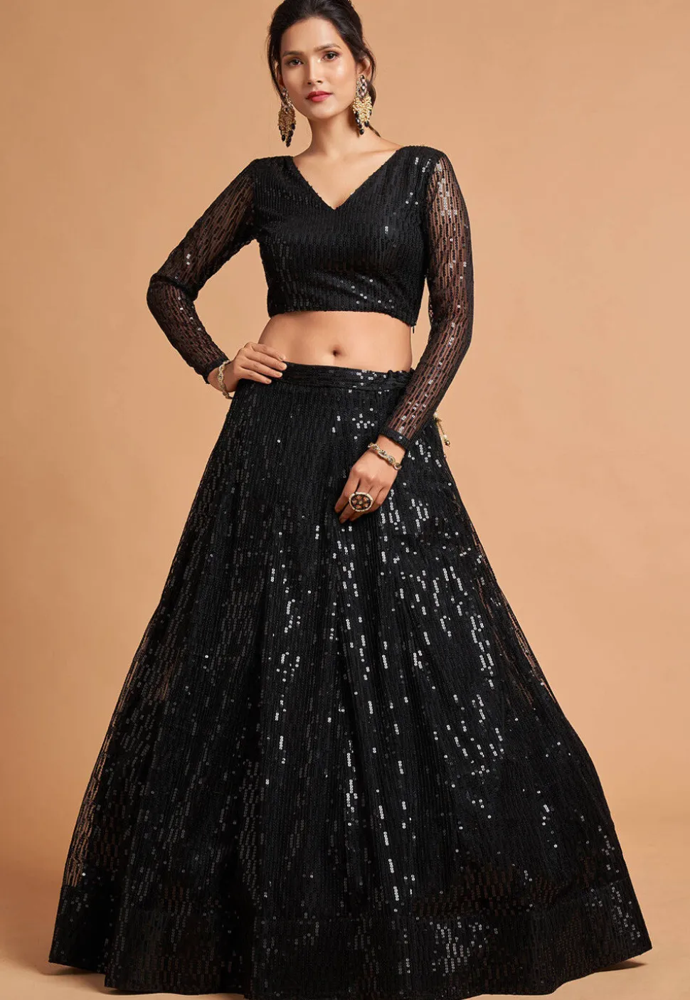 Embroidered Net Lehenga in Black