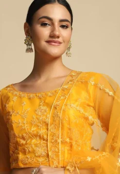 Embroidered Net Lehenga in Yellow