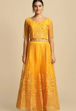 Embroidered Net Lehenga in Yellow