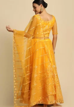Embroidered Net Lehenga in Yellow