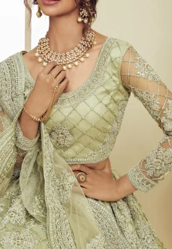 Embroidered Net Lehenga in Pastel Green