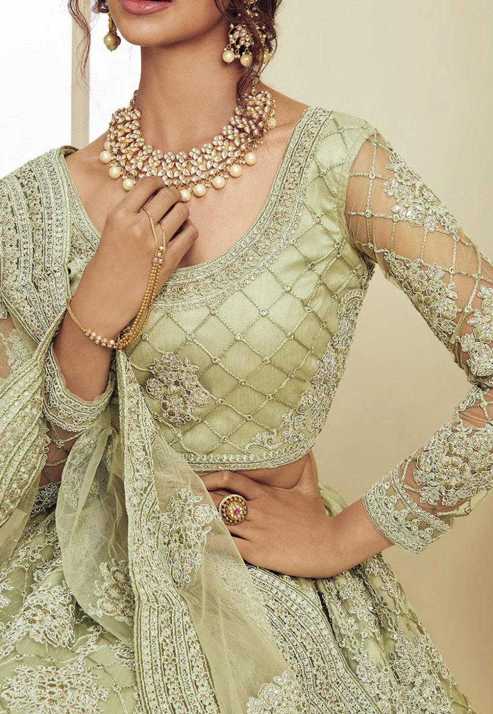 Embroidered Net Lehenga in Pastel Green