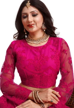 Embroidered Net Lehenga in Dark Pink