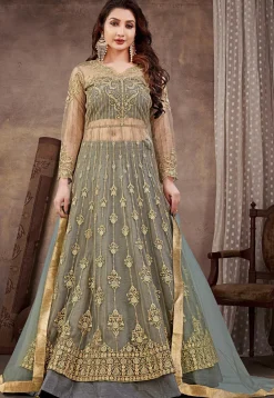 Embroidered Net Lehenga in Grey