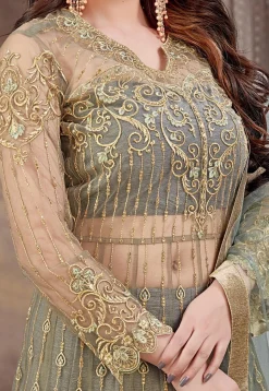 Embroidered Net Lehenga in Grey