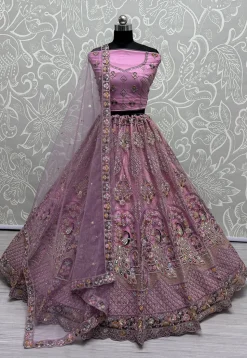 Embroidered Net Lehenga in Purple