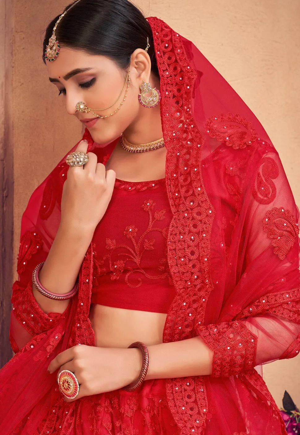 Embroidered Net Lehenga in Red