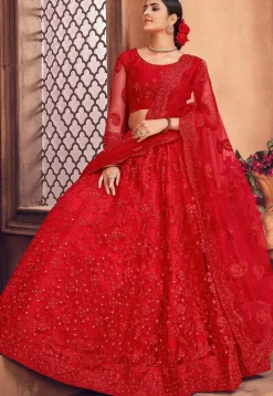 Embroidered Net Lehenga in Red