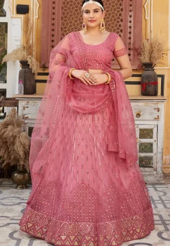 Embroidered Net Lehenga in Pink