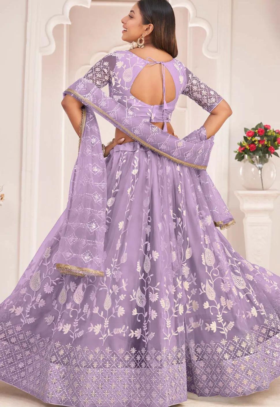 Embroidered Net Lehenga in Light Purple