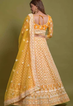 Embroidered Net Lehenga in Yellow