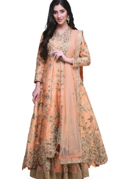 Embroidered Net Lehenga in Pastel Orange