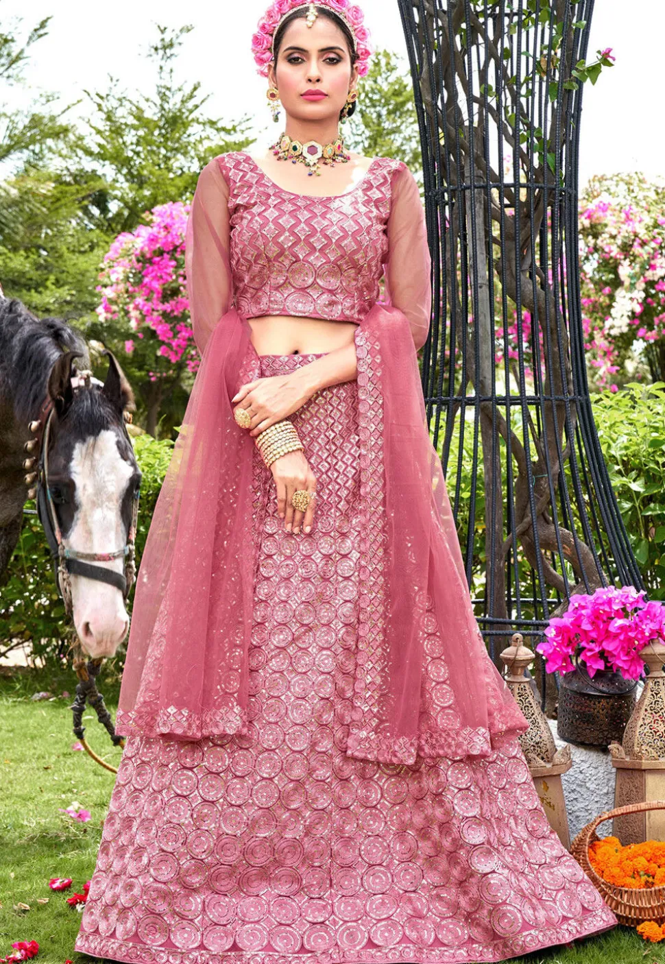 Embroidered Net Lehenga in Pink