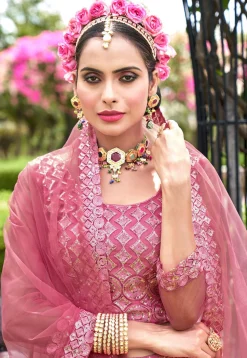 Embroidered Net Lehenga in Pink