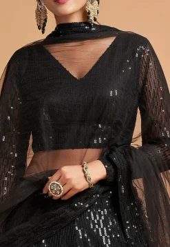Embroidered Net Lehenga in Black