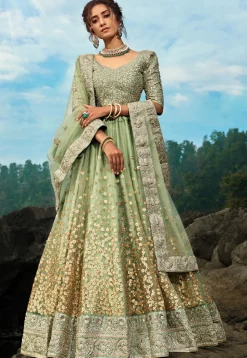 Embroidered Net Lehenga in Pastel Green