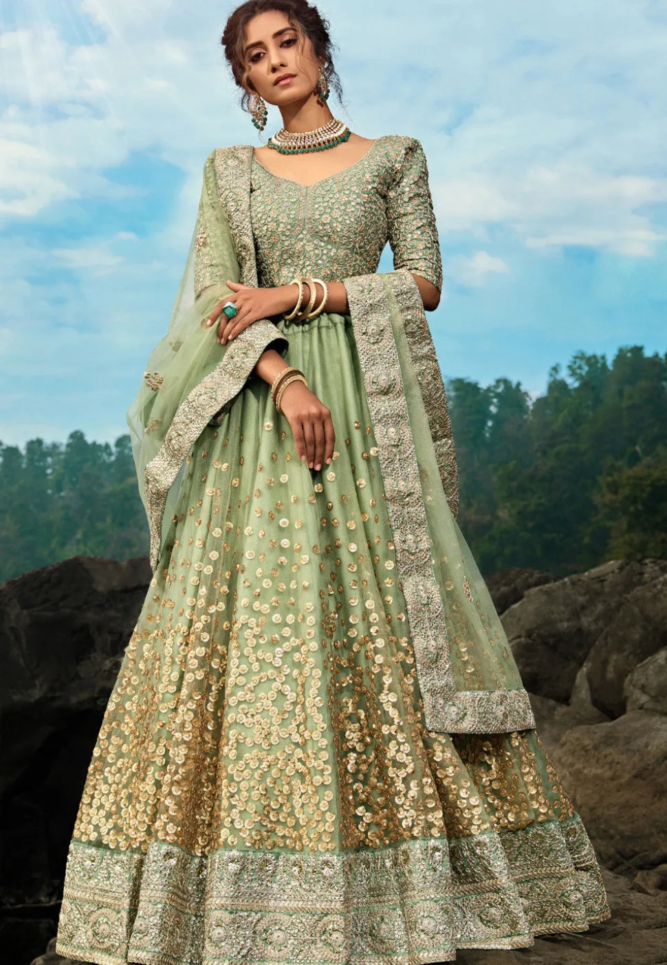 Embroidered Net Lehenga in Pastel Green