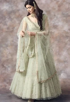 Embroidered Net Lehenga in Light Green