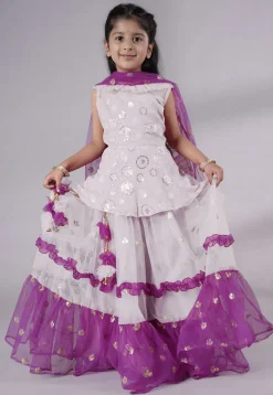 Embroidered Net Lehenga in Off White and Purple